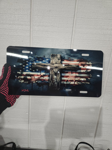 Flag cross license plate